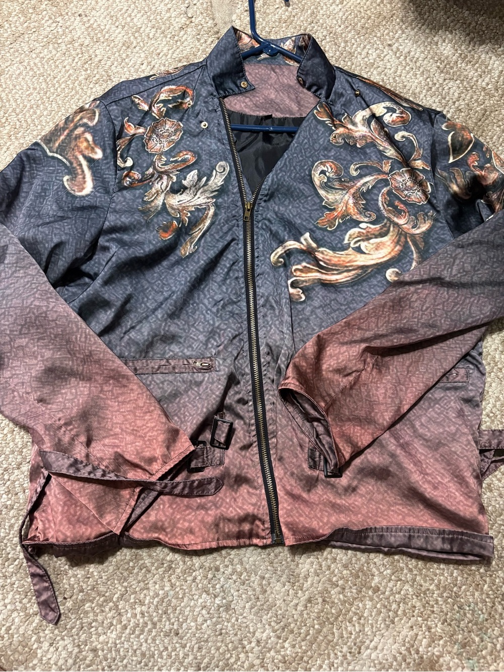 Source Unknown Ombre Black to Burgundy Floral Scroll Bomber Jacket